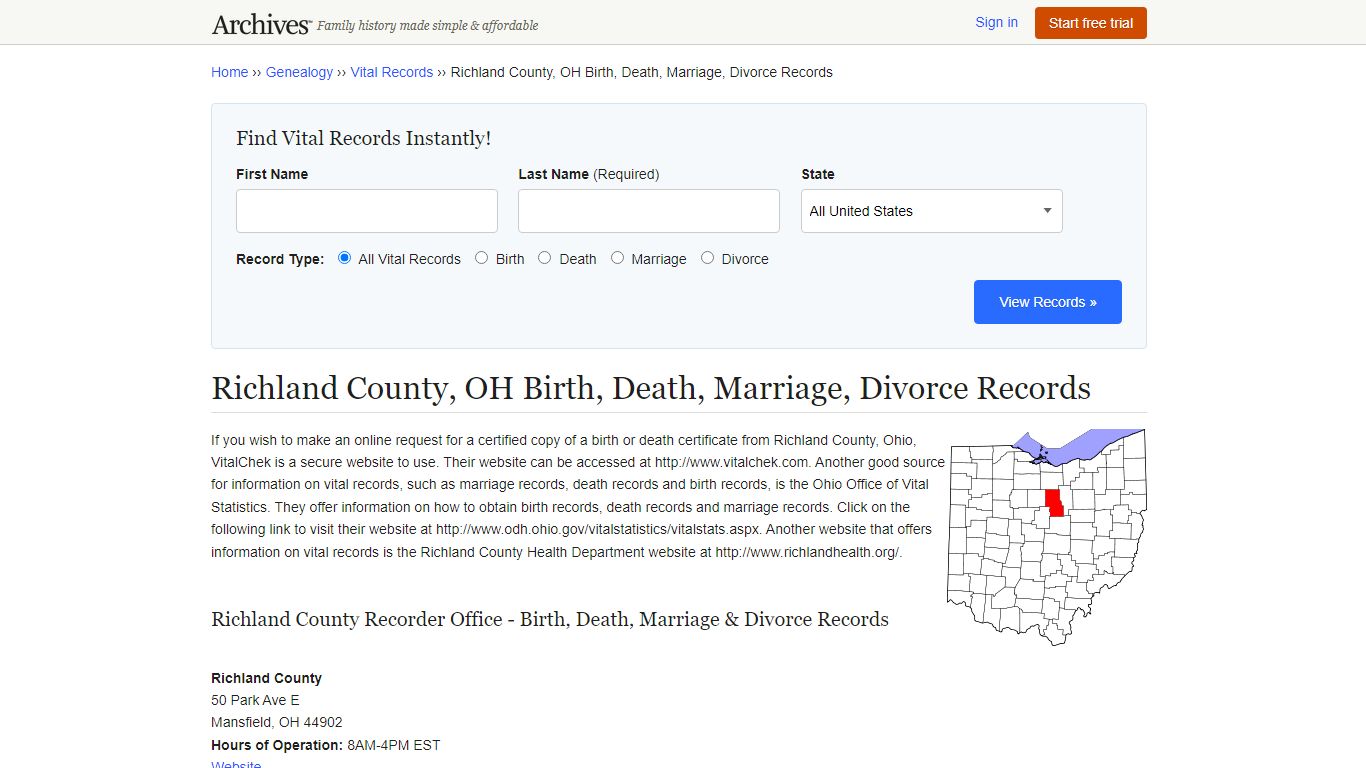 Richland County, OH Birth, Death, Marriage, Divorce Records